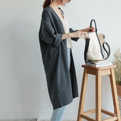 jinran 2022 Summer New Solid Color Linen Long Sunscreen Cardigan Trench Casual All Match Loose Full Sleeve Women Coats