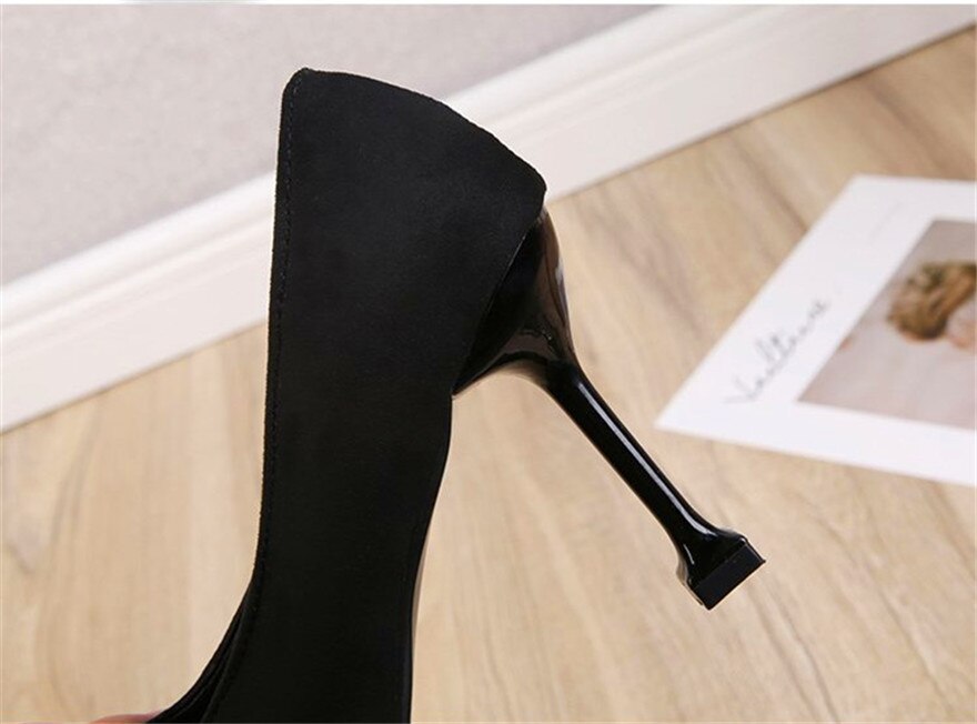 jinran 5/7/9cm Comfort High Heels Ladies Work Shoes New Autumn Black Flock Shallow Wild Women Pumps Pointy Toe Dress Office Shoes Woman