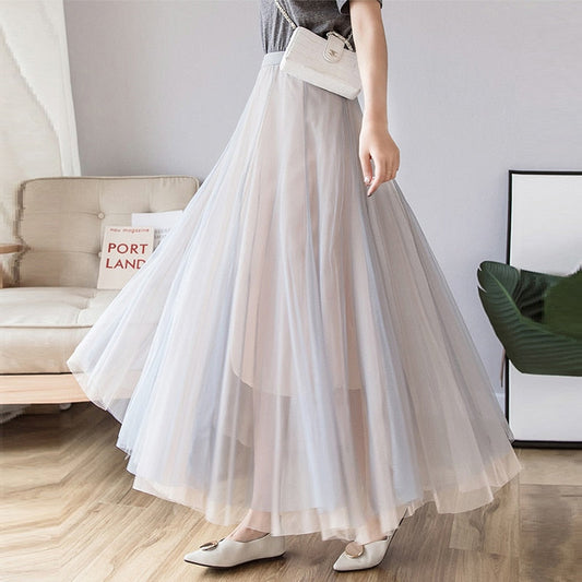 jinran Women Casual High Waist Hit Color Gauze Skirts Elegant Korean Mesh Long Dress Vintage Y2K Harajuku Midi A Line Skirts Clothing