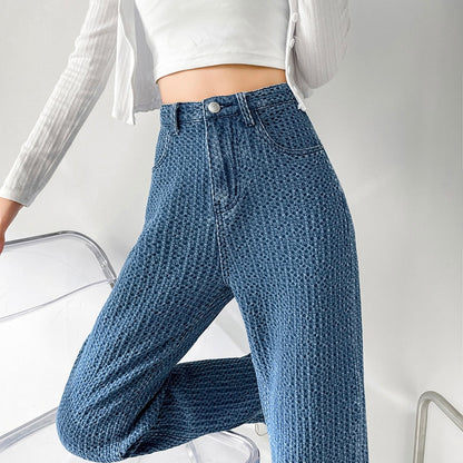 jinran Jacquard Blue Women Pants 2022 New Casual Striped Retro Basic Straight Loose Plus Size Jeans Y2K Fashion Trendy Ladies Trousers