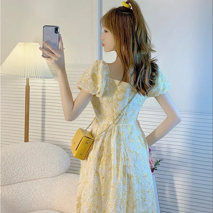 jinran Lace Vintage Fairy Dress Women Yellow Floral Print French Sweet Dress 2024 Summer Holiday Party Long Split Dress Female Korean