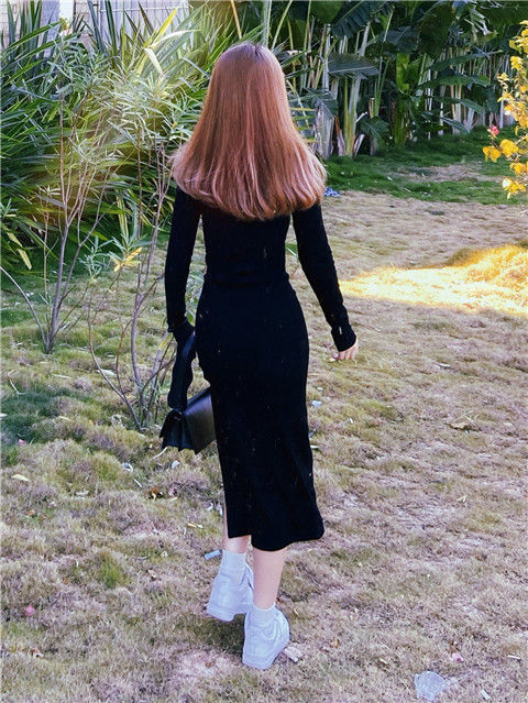 jinran Women Long Sleeve Dress Mid-calf Length Square Collar Black Sheath Retro Slim Sexy Vintage Side Slit Stretchy All-match Simple