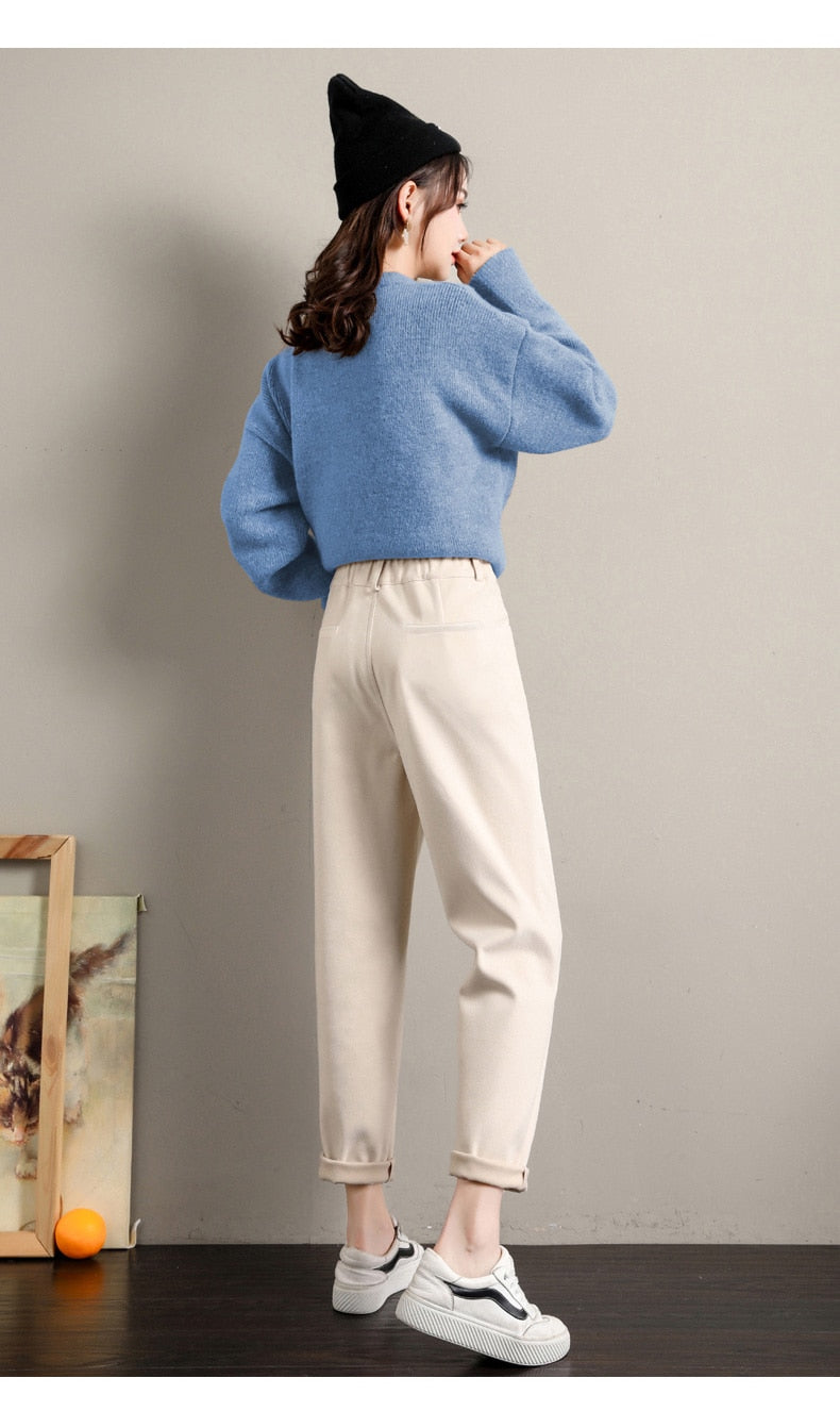 jinran New Fashion Korean Woolen Harlan Loose Daddy Pants Women'S 2022 Autumn And Winter Leisure High Waist Nine Point Radish Trousers