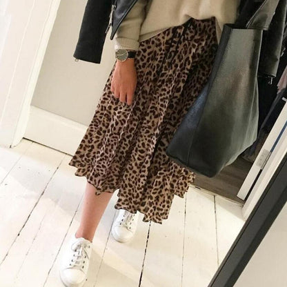 jinran Vintage Leopard Print Pleated Skirts Women Punk Rock Korean Skirt Streetwear Drawstring Elastic Waist Ladies Midi Skirt New