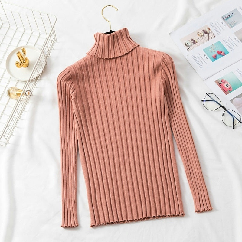 jinran Autumn Winter Jumper Turtleneck Sweater Knitted New Green Women Sweater Pullover Long Sleeve Slim Striped Vintage Sweaters 16220