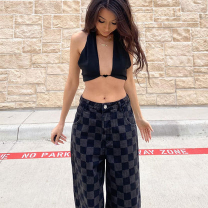 jinran Plaid Checkerboard Print Women High Waist Wide Leg Jeans Straight Pants Loose Casual Streetwear 2021 Summer Trousers