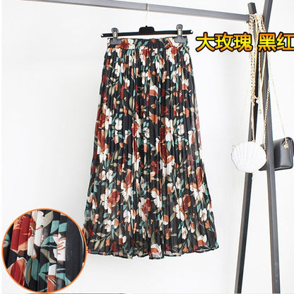 jinran Women Summer Boho Chiffon Long Skirt Elegant Floral Print Pleated Skirts Elastic High Waist Casual Midi Skirt Women Clothes 2021