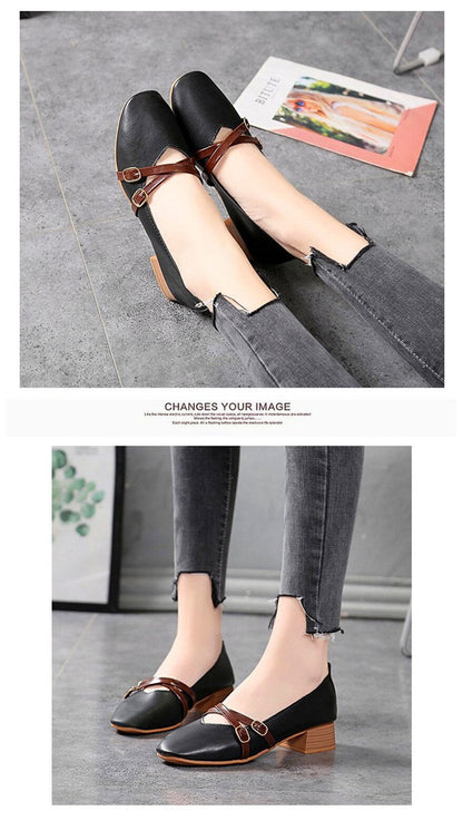 jinran Casual Women Shoes 2022 New Fashion Belt Buckle Shallow Woman Pumps Square Toe Soft Leather Med Heels Work Ladies Pregnant Shoes