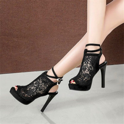 jinran Sexy Lace Mesh Platform Women Short Boots Summer Peep Toe Ankle Buckle High Heels Shoes Hollow Party Sandals Female Pumps Office
