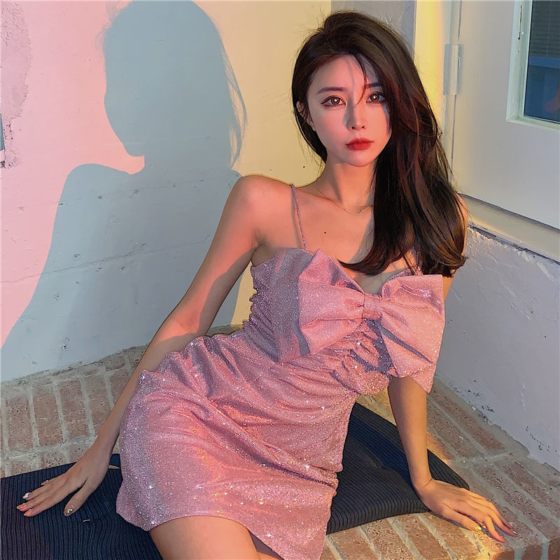 jinran Sexy Pink Bow Knot Dress Women Night Party Pink Dresses Ladies Mini Bodycon Shiny Dress Female Korean Gothic Vestidos Summer XL