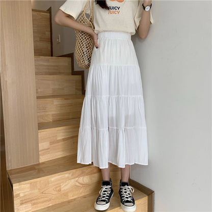 jinran Women High Waist Elegant Wild A Line Cake Skirts Summer Korean Solid White Black Chiffon Shirts Beach Vacation Midi Shirts