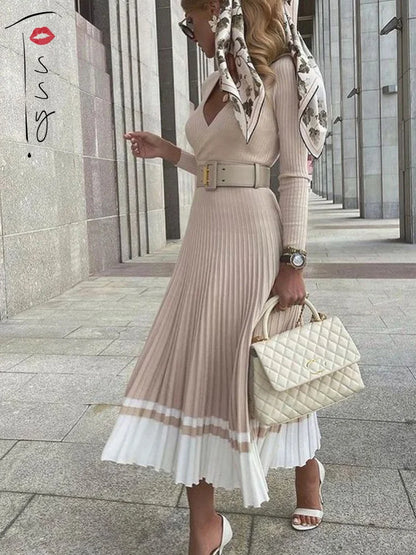 jinran Women Ribbed V-neck Fold Knitted Max Dress Ladies Skinny Sexy A-line Dresses Two Color Patchwork Elegant Chic Vestidos