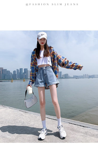 jinran Summer New Women Adjustable Waist Slim Short Jeans Lady High Street Wide Leg Short Pants Female High Waist A-Line Shorts