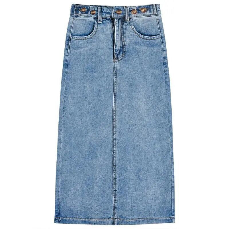 jinran Women High Waist Split Denim Skirts Summer Casual Korean Vintage Midi Long Skirt Harajuku Wild Bodycon A Line Skirt Streetwear