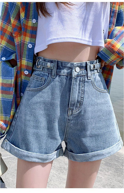 jinran Summer New Women Adjustable Waist Slim Short Jeans Lady High Street Wide Leg Short Pants Female High Waist A-Line Shorts