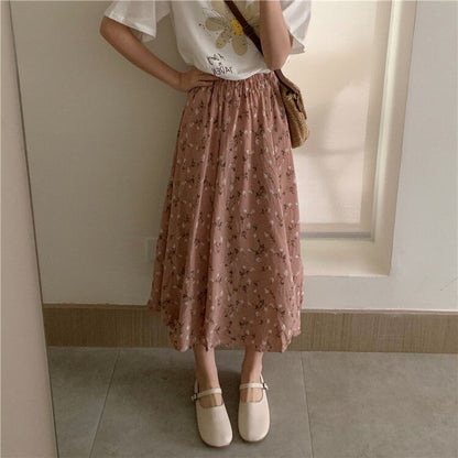 jinran Vintage Floral Print A-line Pleated Long Skirts Summer Women Korean Harajuku Skirt Streetwear Boho Elastic Waist Midi Skirt 2021