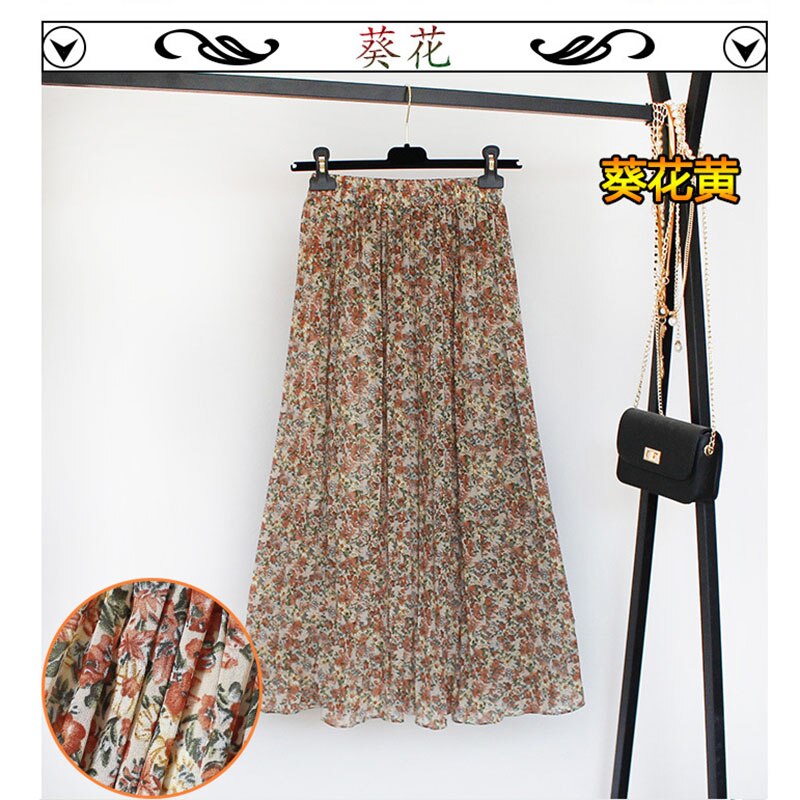 jinran Women Summer Boho Chiffon Long Skirt Elegant Floral Print Pleated Skirts Elastic High Waist Casual Midi Skirt Women Clothes 2021