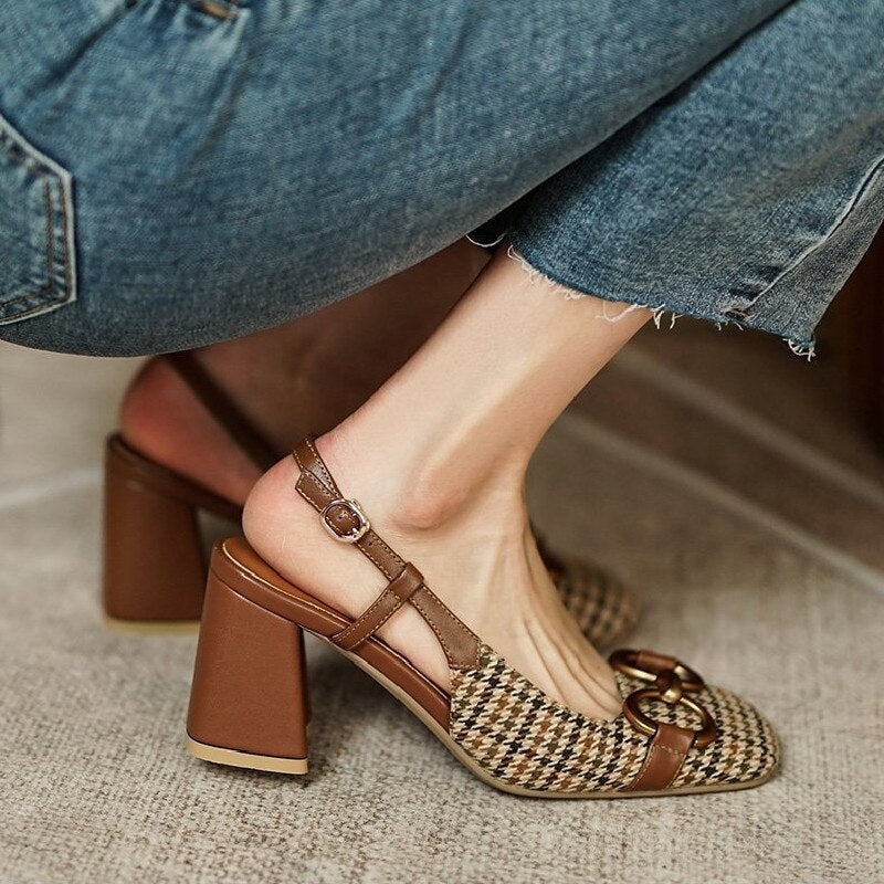 jinran Fashion Metal Buckle Women Sandals New Spring Square Toe Retro Plaid Fabric Woman Pumps Thick Heels Back Strap Lady Office Shoes