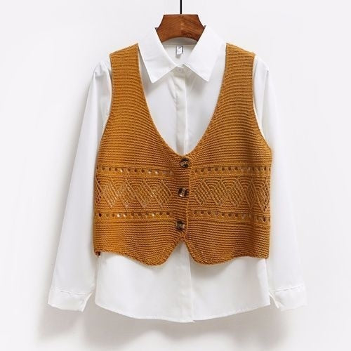 jinran 2024 Korean Fashion V Neck Loose Sleeveless Sweater Vest Women Knitted Hollow Out Single Breasted Short Cardigan Female Kniwear