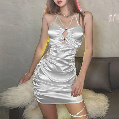 jinran Sexy White Satin Dress Women Mesh Lace Bodycon Dress Ruched Bandage Dress Party Club Summer Y2k Vestidos 2022 Streetwear