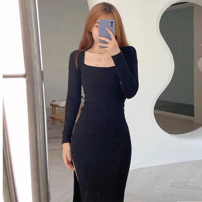 jinran Women Long Sleeve Dress Mid-calf Length Square Collar Black Sheath Retro Slim Sexy Vintage Side Slit Stretchy All-match Simple