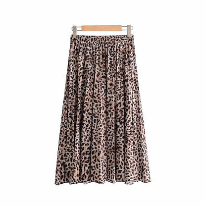 jinran Vintage Leopard Print Pleated Skirts Women Punk Rock Korean Skirt Streetwear Drawstring Elastic Waist Ladies Midi Skirt New