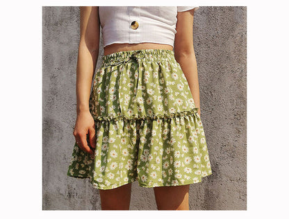jinran Summer Boho Floral Print Mini Skirt Women Elegant Ruffles Short Skirts Elastics Waist Lace Up A-Line Skirts