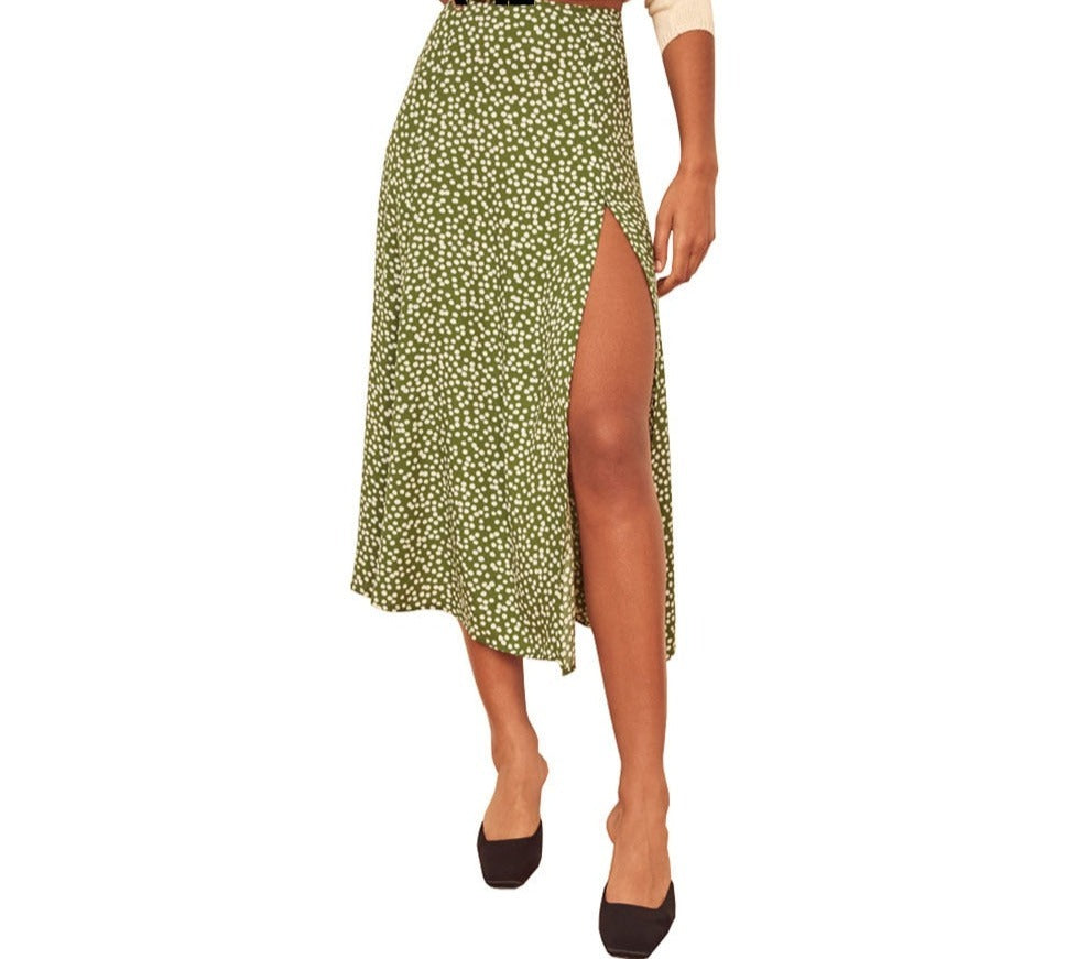 jinran Elegant Split Long Skirts Vintage Leopard Floral Print High Waist A Line Skirts Office Lady Casual Bodycon Midi Skirt