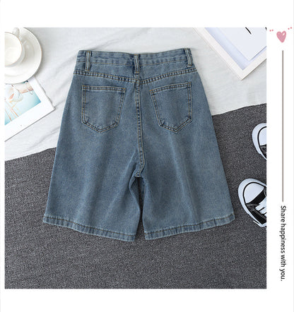 jinran 2024 New Summer Women High Waist Blue Wide Leg Denim Shorts Casual Female Solid Streetwear Stright Jeans Bermuda Shorts