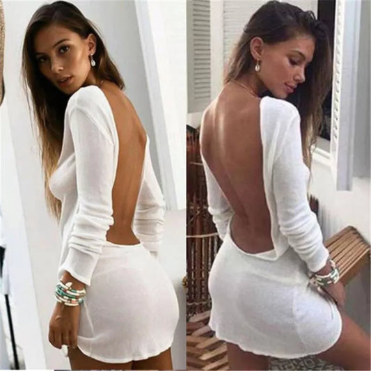 jinran Women Sexy Backless Bodycon Mini Dress Solid Color Round Neck Long Sleeve Slim Fit Beach Dress Holiday Party Wear Streetwear