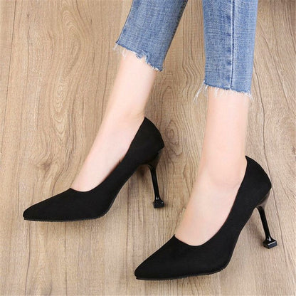 jinran 5/7/9cm Comfort High Heels Ladies Work Shoes New Autumn Black Flock Shallow Wild Women Pumps Pointy Toe Dress Office Shoes Woman