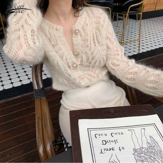 jinran 2022 new sweater autumn white openwork knitted cardigan french mohair coat sweater female air-conditioning suit 16179