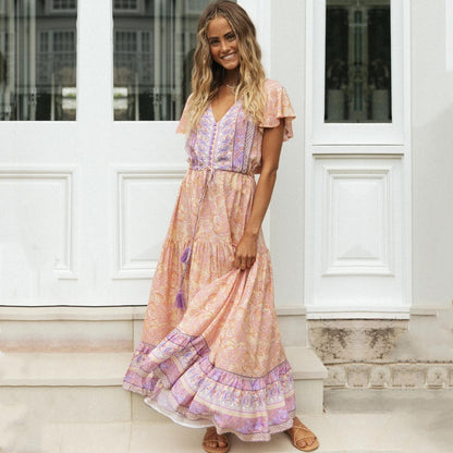 jinran Summer New Pink Boho Printed V-neck High Waist Tassel Summer Beach Dress Tunic Women Streetwear Maxi Dresses