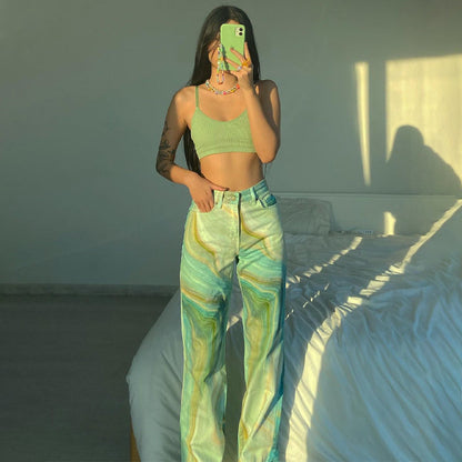 jinran Tie Dye Print Women High Waist Wide Leg Jeans Loose Casual Streetwear 2022 Summer Trousers Bottoms Pants Vintage Y2K