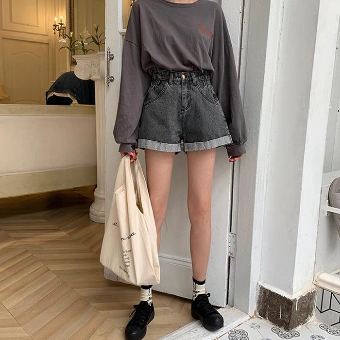 jinran New 2022 High Waist Denim Shorts Women Casual Loose Ladies Fashion Plus Size Elastic Waist Wide Leg Short Jeans Female