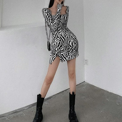 jinran Sexy Square Neck Bodycon Dress Women Zebra Print Mini Party Dresses Ladies Long Sleeve autumn Dress Club Vestidos New