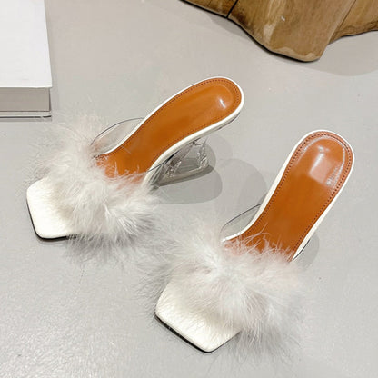 jinran Size 35-41 Sexy Strange Transparent Heels Slippers Fashion Fur Feather Summer Sandals Peep Toe Slip-On Clear Shoes Women Slides