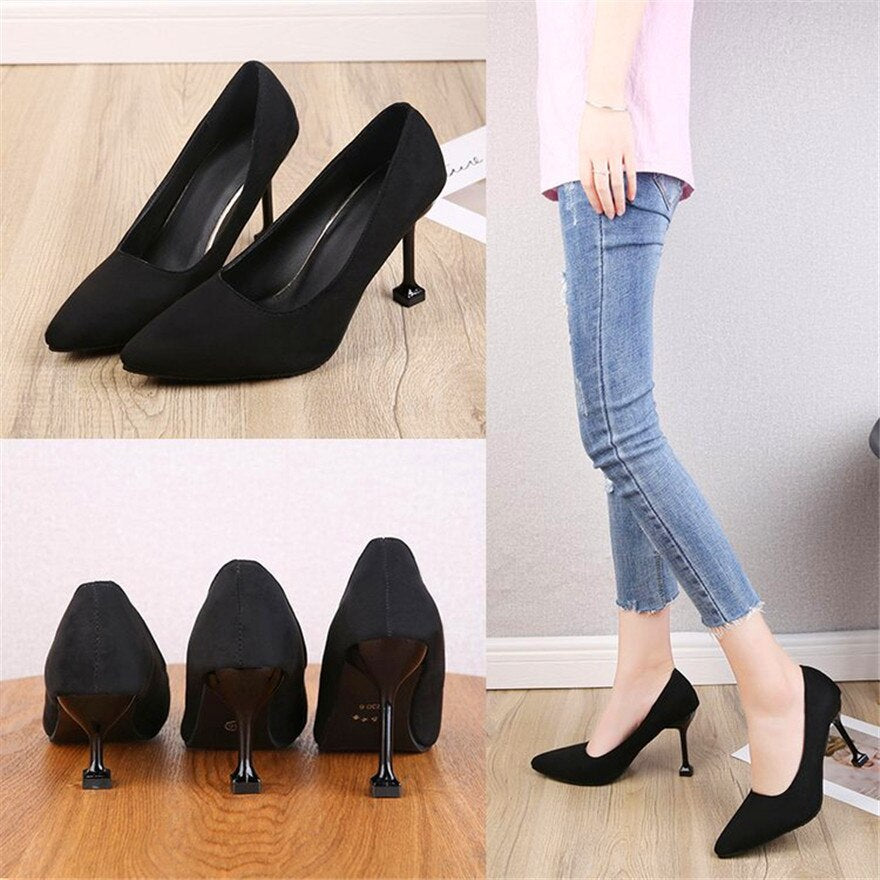 jinran 5/7/9cm Comfort High Heels Ladies Work Shoes New Autumn Black Flock Shallow Wild Women Pumps Pointy Toe Dress Office Shoes Woman