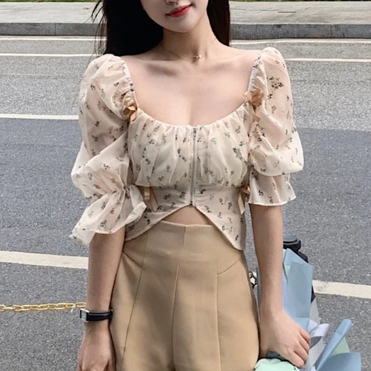 jinran Puff Sleeve Floral Chiffon Blouses Women Summer Short Korean Design Fairy Shirts Tops Casual Chic Evening Party Y2k Clothes 2024