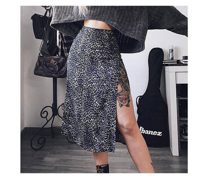 jinran Elegant Split Long Skirts Vintage Leopard Floral Print High Waist A Line Skirts Office Lady Casual Bodycon Midi Skirt