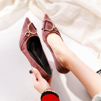 jinran Elegant Metal Buckle Med Heels Shoes Women Pumps New Spring Shallow Ladies Office Shoes Pointy Toe thin Flock Dress Shoes Purple