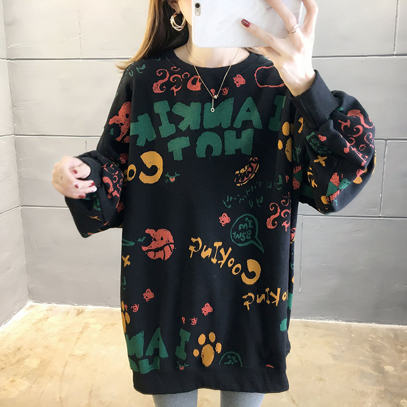 jinran O-neck Hooded Jacket Loose Long Women Pullovers Slim Autumn Korean Chic New M-XXL Size Femme Hoodie Sweatshirts Print