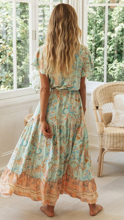 jinran Summer New Pink Boho Printed V-neck High Waist Tassel Summer Beach Dress Tunic Women Streetwear Maxi Dresses