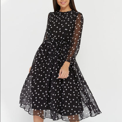 jinran Casual Polka Dot Print Chiffon Dress Woman High Waist Lantern Sleeve A-Line Knee-Length Dress Holiday New Fashion