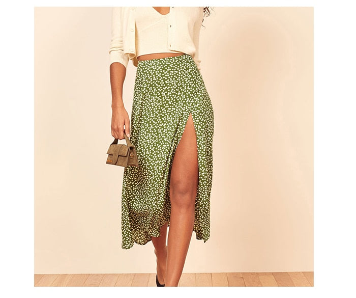 jinran Elegant Split Long Skirts Vintage Leopard Floral Print High Waist A Line Skirts Office Lady Casual Bodycon Midi Skirt