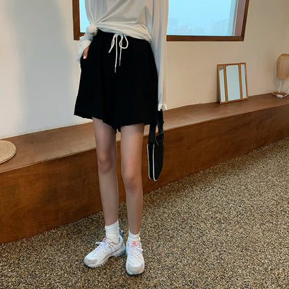 jinran Summer New Loose High Waist Slim Sports Shorts Women Korean Style Casual Wide-leg Short Female Drawstring Black Shorts OL