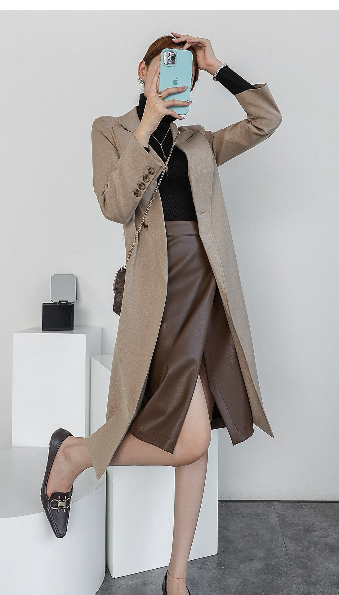 jinran 2022 Autumn New England Suit Coats Turn-down Collar Fashion Single-breasted Button Long Solid Color Slim Coats