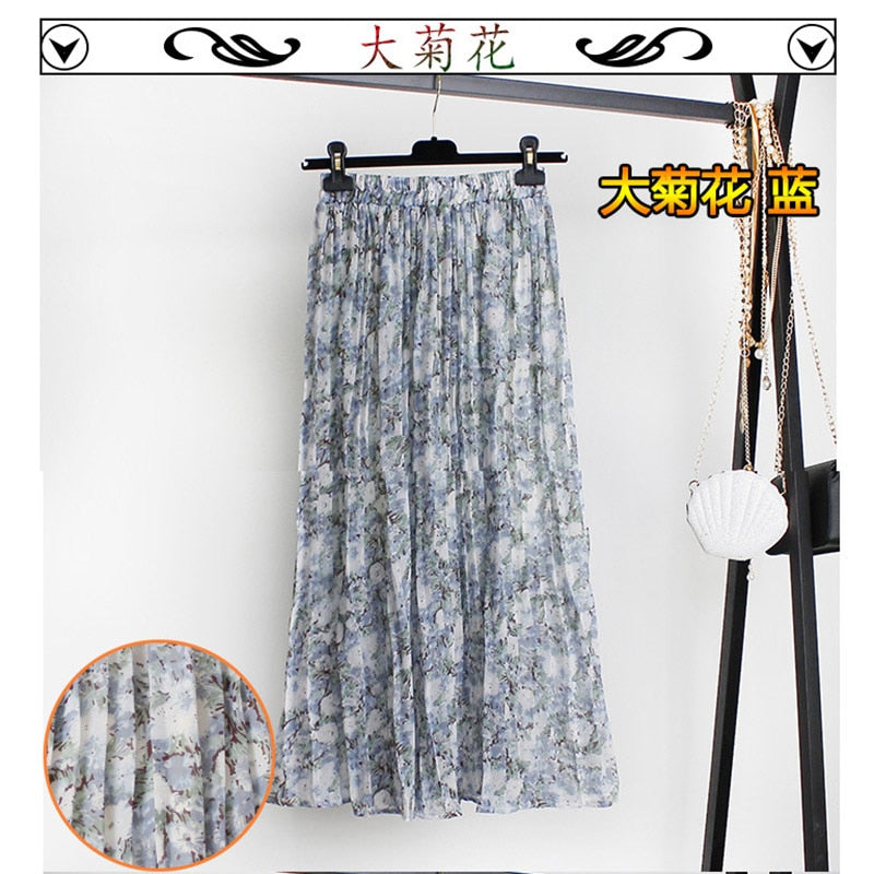 jinran Women Summer Boho Chiffon Long Skirt Elegant Floral Print Pleated Skirts Elastic High Waist Casual Midi Skirt Women Clothes 2021