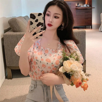 jinran French Square Collar Floral Chic Blouses Women 2021 Summer Korean Party Backless Design Puff Sleeve Tops Bandage Vintage Clothes
