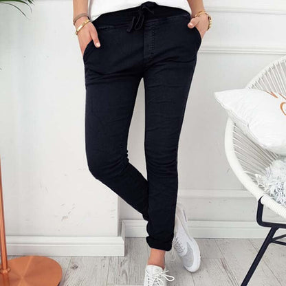 jinran Women Casual Harajuku Long Ankle Length Trousers Summer Autumn Plus Size Leggings Solid Elastic Waist Pants Black Pants